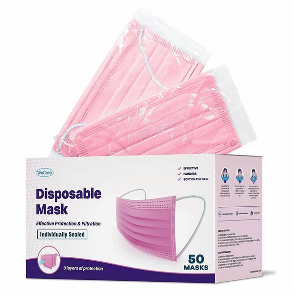Wecare Disposable Face Mask, 3-Ply with Ear Loop 50 Individually Wrapped, Pink, 50PK WMN100007